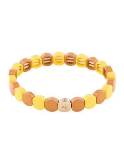Pre-owned Roxanne Assoulin Enamel Stretch Bangle Bracelet, 6.5" In Brown/yellow