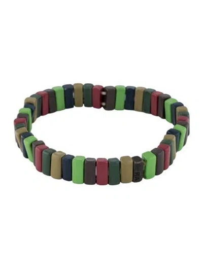 Pre-owned Roxanne Assoulin Enamel Stretch Bangle Bracelet, 7" In Blue/brown/green