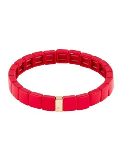 Pre-owned Roxanne Assoulin Enamel Stretch Bead Bracelet, 6.25" In Red