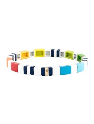 Pre-owned Roxanne Assoulin Enamel Stretch Bead Bracelet, 6.5" In Blue/green/orange
