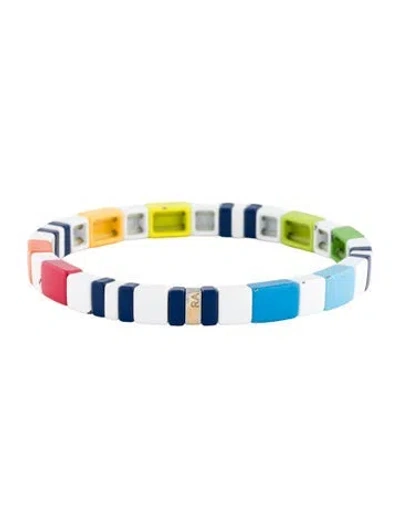 Pre-owned Roxanne Assoulin Enamel Stretch Bead Bracelet, 6.5" In Blue/green/orange