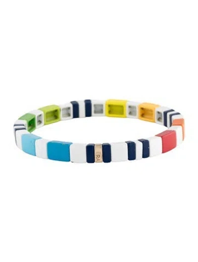 Pre-owned Roxanne Assoulin Enamel Stretch Bead Bracelet, 6.5" In Blue/orange/red