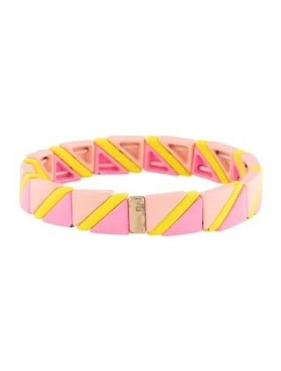 Pre-owned Roxanne Assoulin Enamel Stretch Bead Bracelet, 6.5" In Pink/yellow