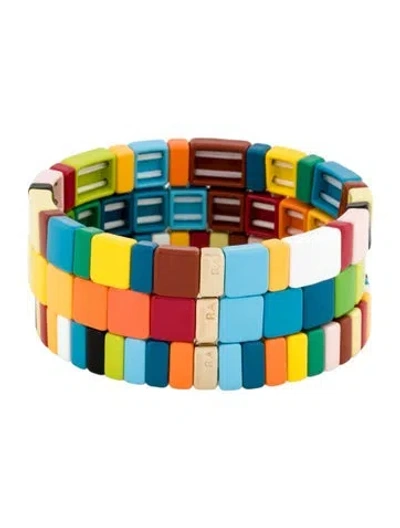 Pre-owned Roxanne Assoulin Enamel Stretch Bracelet Set, 6.25" In Multi