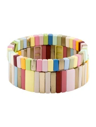 Pre-owned Roxanne Assoulin Enamel Stretch Bracelet Set, 6.5" In Multi