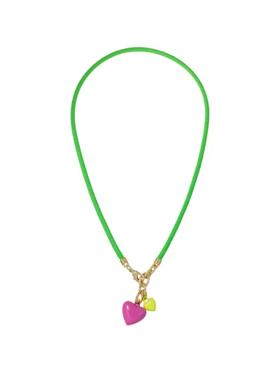 Roxanne Assoulin Happy Cord Mini Double Heart Necklace In Green