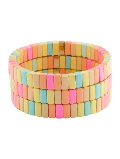 Pre-owned Roxanne Assoulin Triple Enamel Stretch Bead Bracelet Set, 6.5" In Multi