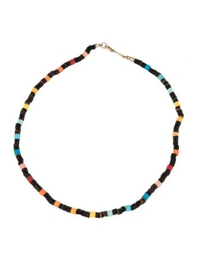 Pre-owned Roxanne Assoulin Wood & Enamel Necklace, 15" In Blue/brown/orange