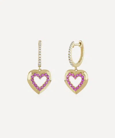 Roxanne First 14ct Gold Pink Sapphire Heart Drop Earrings