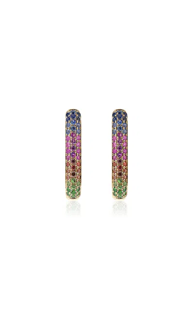 Roxanne First 14k Yellow Gold Rainbow Sapphire Oval Hoop Earrings In Multi