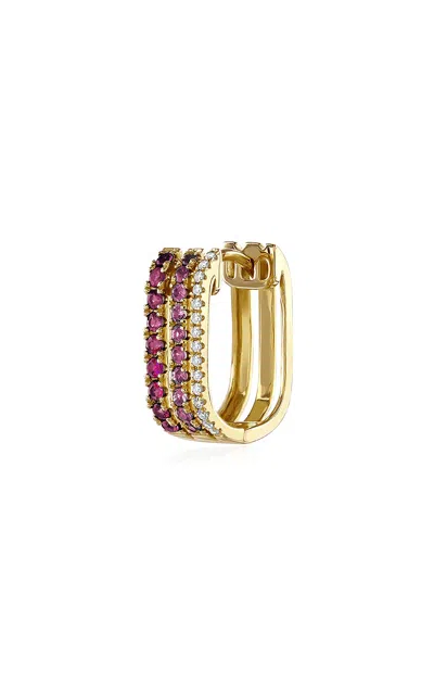 Roxanne First 14k Yellow Gold Triple Diamond & Pink Sapphire Row Hoop Single Earring In Metallic