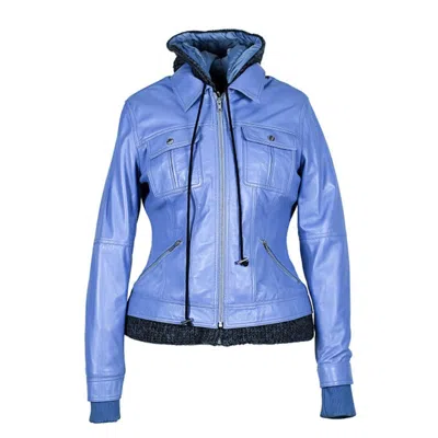 Pre-owned Roxanne Womens Wax Finish Hooded Leather Jacket With Removable Lining In Blue
