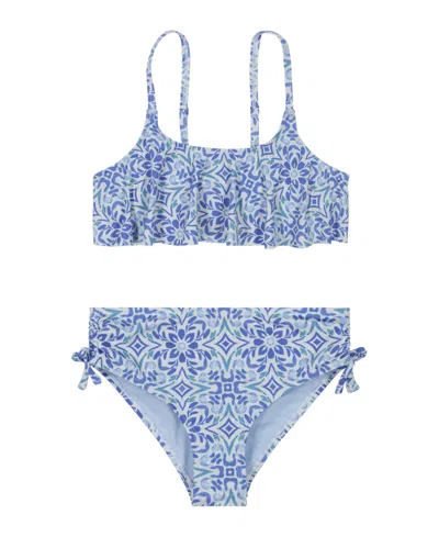 Roxy Kids' Big Girls Fresco Tile Flounce Bikini, 2-piece Set In Blue Bonnet