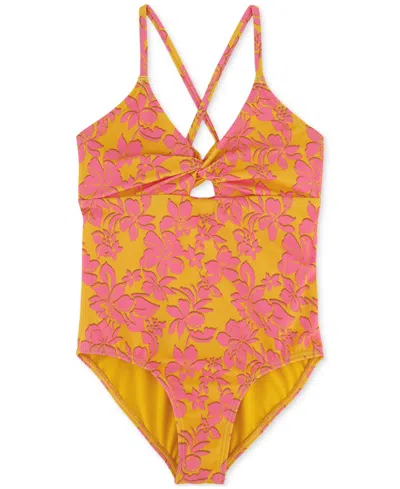 Roxy Kids' Big Girls Island Time Twist-front One-piece Swimsuit In Golden Rays