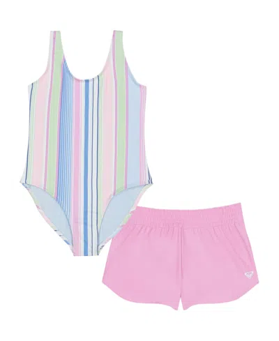 Roxy Kids' Big Girls Salty Stripe Scoopneck Swimsuit, 2-piece Set In Med Pink