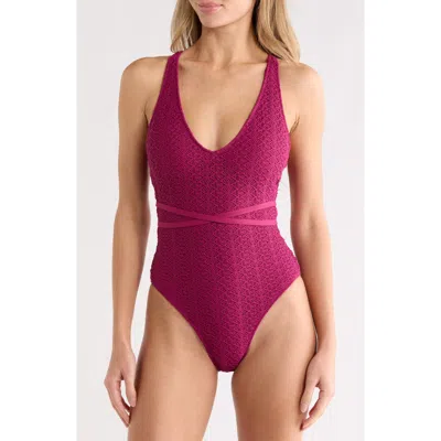 Roxy Crochet Plunge Neck Tie Back One-piece Swimsuit In Pink