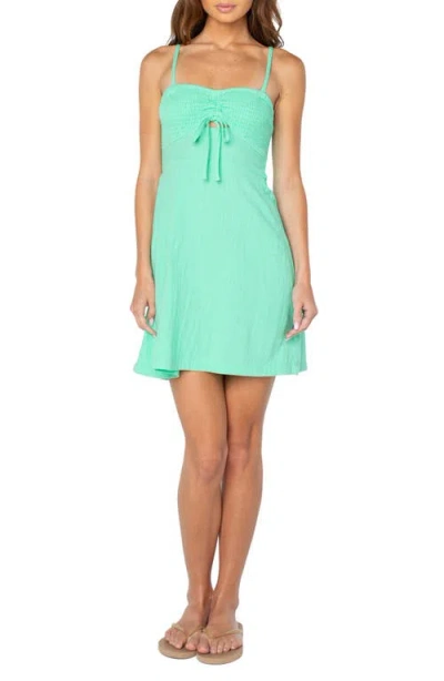 Roxy Fling Smocked Keyhole Cotton Mini Sundress In Green