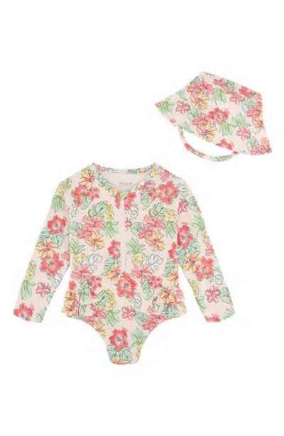 Roxy Babies'  Floral Long Sleeve One-piece Rashguard & Hat Set In Multicolored