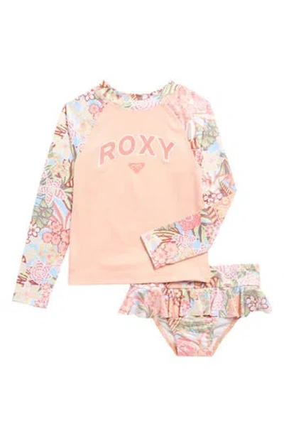 Roxy Kids'  Floral Long Sleeve Rashguard Top & Bikini Bottoms Set In Orange