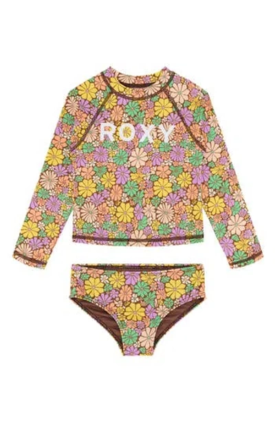 Roxy Babies'  Floral Long Sleeve Two-piece Rashguard Swimsuit In Beige Multi
