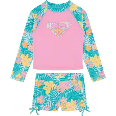 Roxy Babies'  Floral Long Sleeve Two-piece Rashguard Swimsuit In Pink