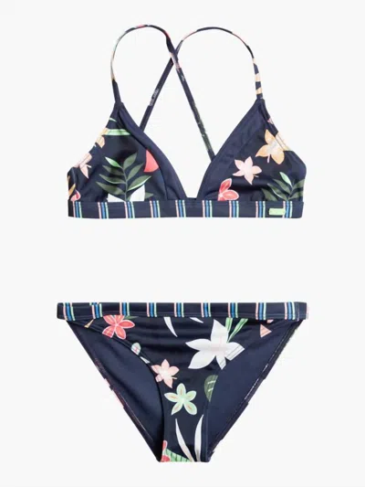 Roxy Kids' Girl's Active Joy Triangle Two Piece Bikini Set In Mood Indigo Alma In Black