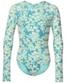 Roxy Girls' 7-16 Hibiscus Mirage Long-sleeve One-piece Swimsuit In Green