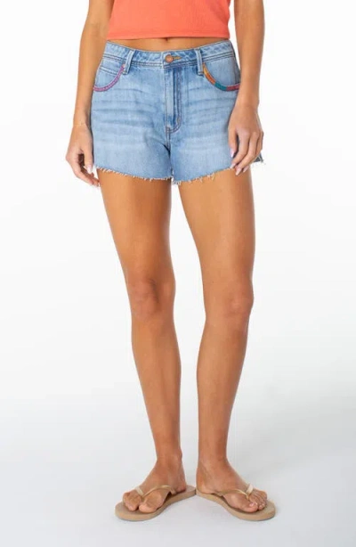 Roxy Golden Waves Embroidered Denim Cutoff Shorts In Blue