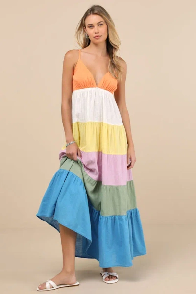 ROXY HONOLULU GLOW MULTI COLOR BLOCK TIERED MAXI DRESS