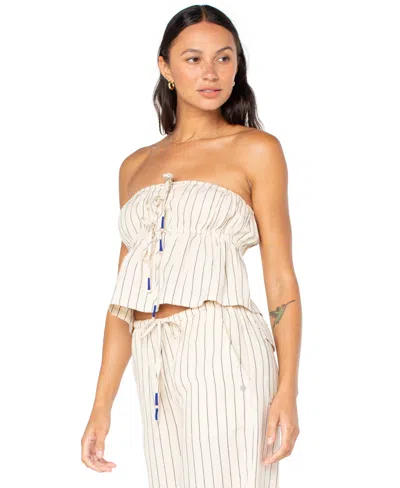 Roxy Juniors' Iyla Striped Tie-front Drawstring-waist Cropped Top In Neutral