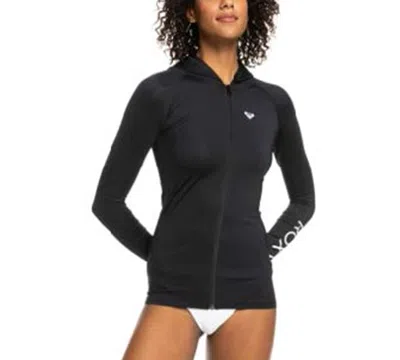 Roxy Juniors' New Essentials Chest-logo Hooded Rashguard In Anthracite