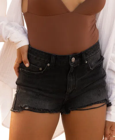 Roxy Juniors' New Swell Frayed Cotton Denim Shorts In Black