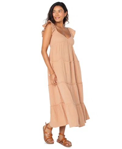 Roxy Juniors' Palmy Days Cotton Smocked-back Tiered Midi Dress In Brown