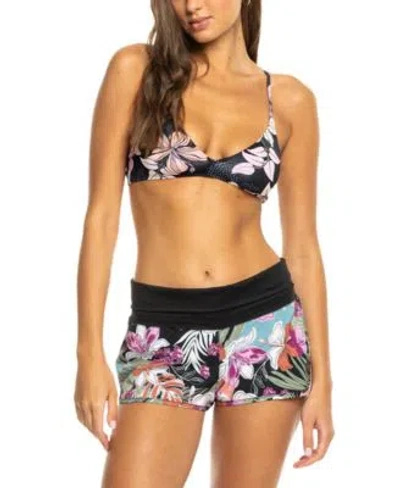 Roxy Juniors Printed Cross Back Bikini Top Swim Shorts In Anthracite