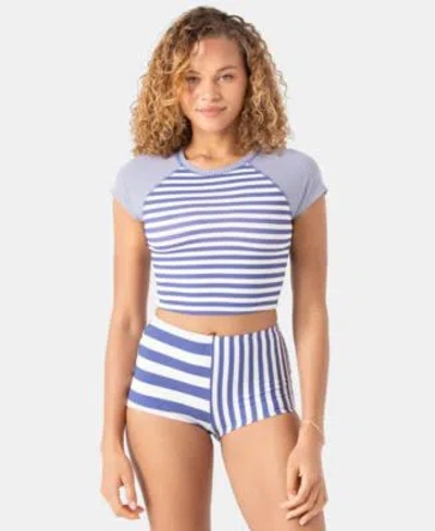 Roxy Juniors Stripe Out Crop Rash Guard Boy Shorts In Blue