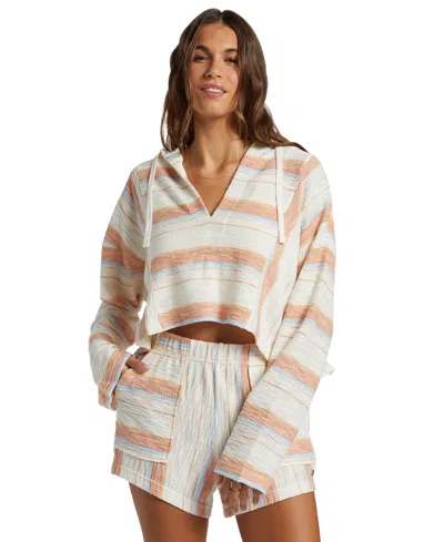 Roxy Juniors' Todos Santos Cropped V-neck Hoodie In Cafe Creme Beach Blissed Stripe