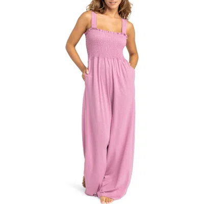 Roxy Just Passing By Smocked Wide Leg Jumpsuit In Mauve Orchid