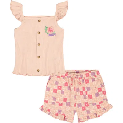 Roxy Kids' Floral Embroidered Rib Top & Shorts Set In Pink