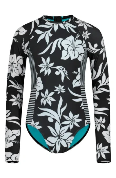 Roxy Kids' Floral Long Sleeve One-piece Swimsuit In Black