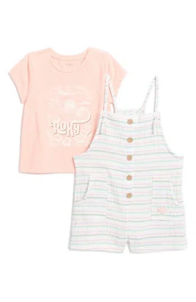 Roxy Kids' Graphic T-shirt & Button Romper Set In Coral