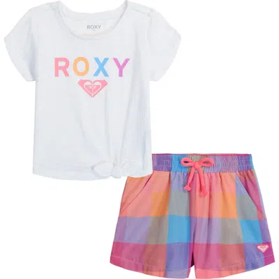 Roxy Kids' Graphic T-shirt & Check Shorts Set In White Pink Multi
