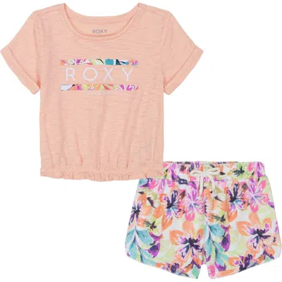 Roxy Kids' Graphic T-shirt & Floral Print Shorts Set In Pink Multi