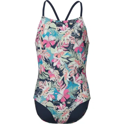 Roxy Kids' Moody Tropical One-piece Swimsuit In Blue