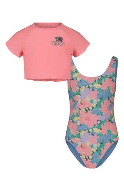 Roxy Kids' Outline Floral One-piece Swimsuit & Cover-up T-shirt Set In Purple