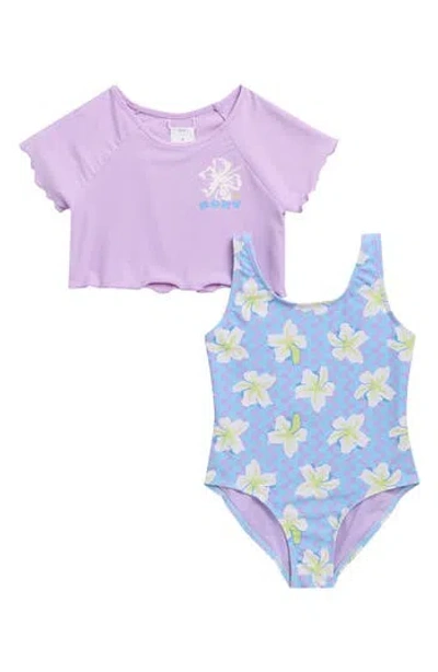 Roxy Kids' Party Waves Rashguard & One-piece Swimsuit Set In Purple