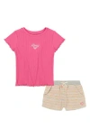 Roxy Kids' Rib Knit T-shirt & Stripe Shorts Set In Pink