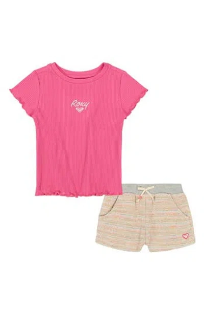 Roxy Kids' Rib Knit T-shirt & Stripe Shorts Set In Pink