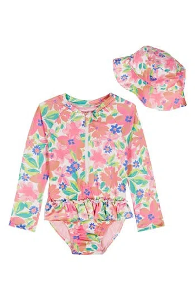 Roxy Babies'  Kids' Ruffled Long Sleeve One-piece Rashguard Swimsuit & Hat Set In Pink