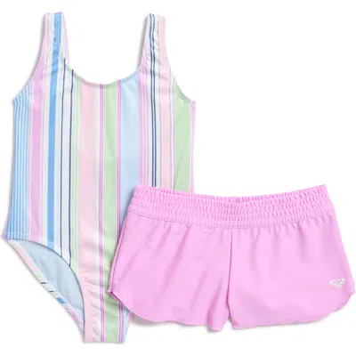 Roxy Kids' Salty Stripe One-piece Swimsuit & Cover-up Shorts Set