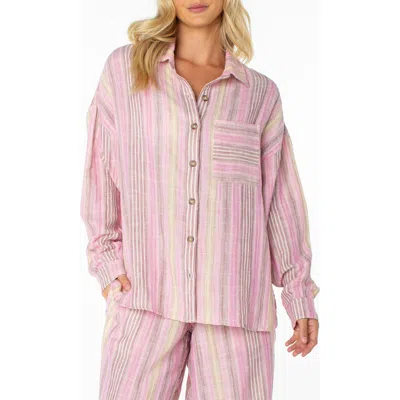 Roxy Lets Get Away Striped Cotton Button-up Shirt In Pink